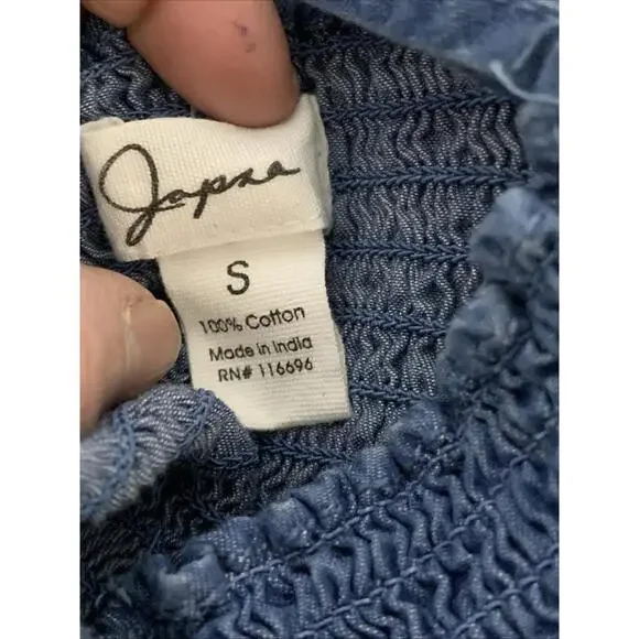 Japna Chambray Smocked Blue Sundress Midi Prairie Ruffle Hem Cottage Small Excel - Picture 12 of 13